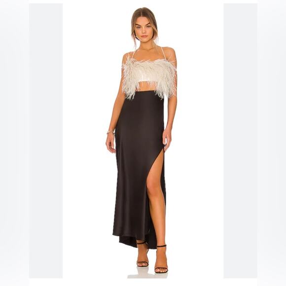 PatBO Feather Trim Slip Dress Black Maxi Size 10 Formal Gown NWT